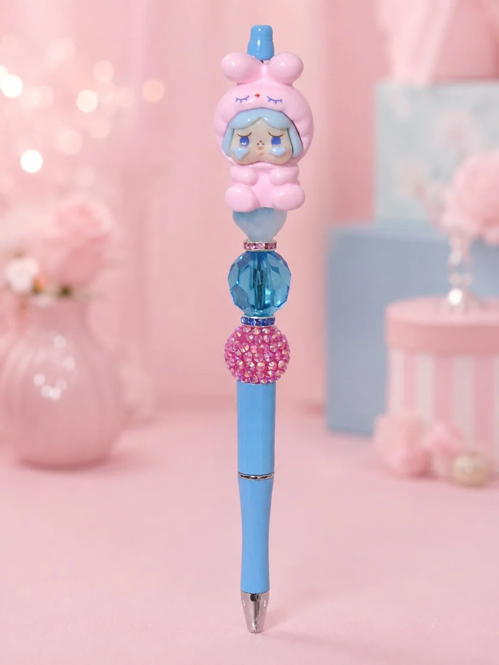 Cry-Baby Bunny Girl (Pink and Blue) Handmade Beaded Pen